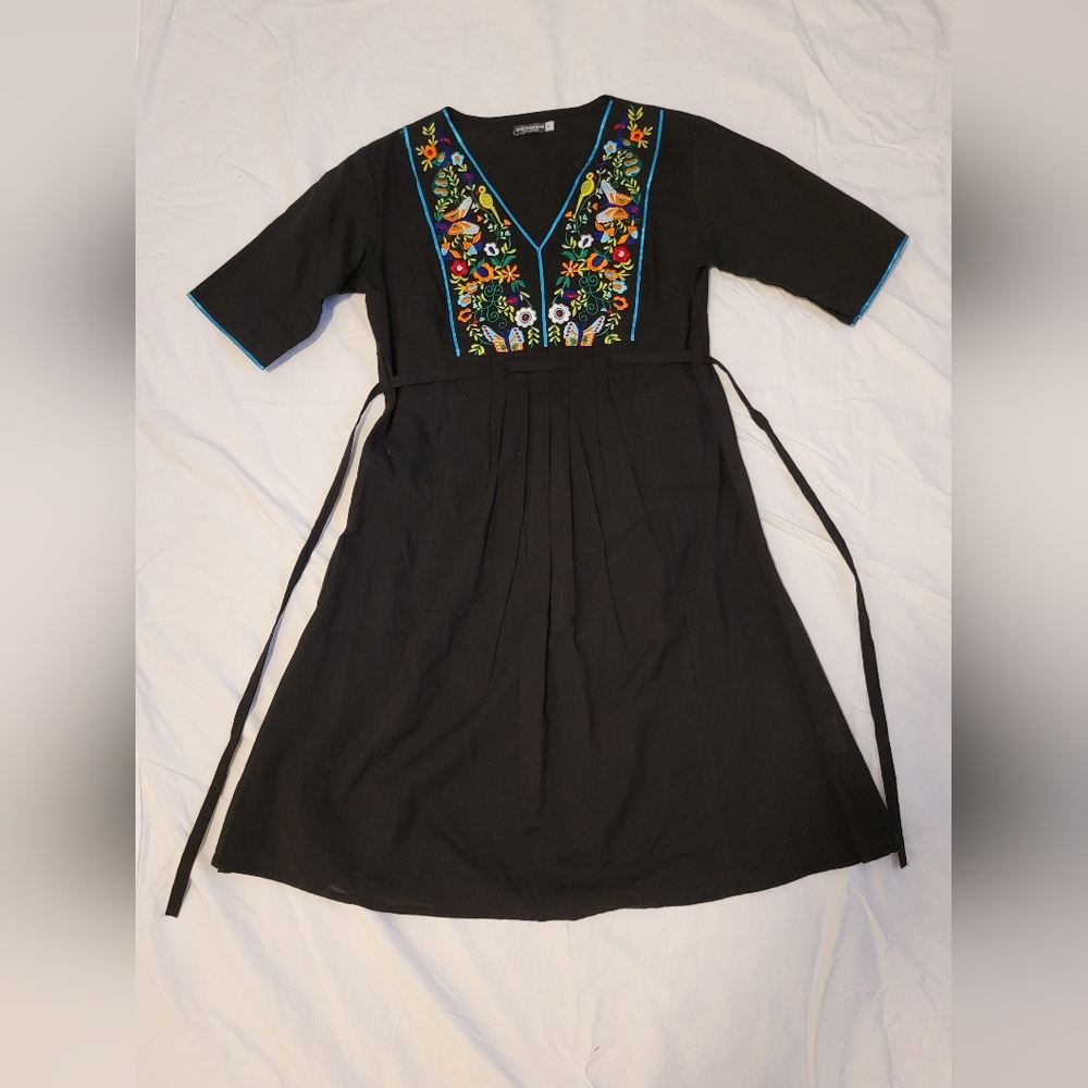 Earthbound Trading Co Black Embroidered Yoke Front Dress S Birds Flowers Otomi